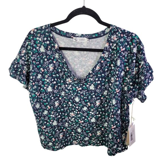 Carve Designs Womens Sz M Blue Floral Short Sleeve Hazel Semi Crop Top - Picture 1 of 11